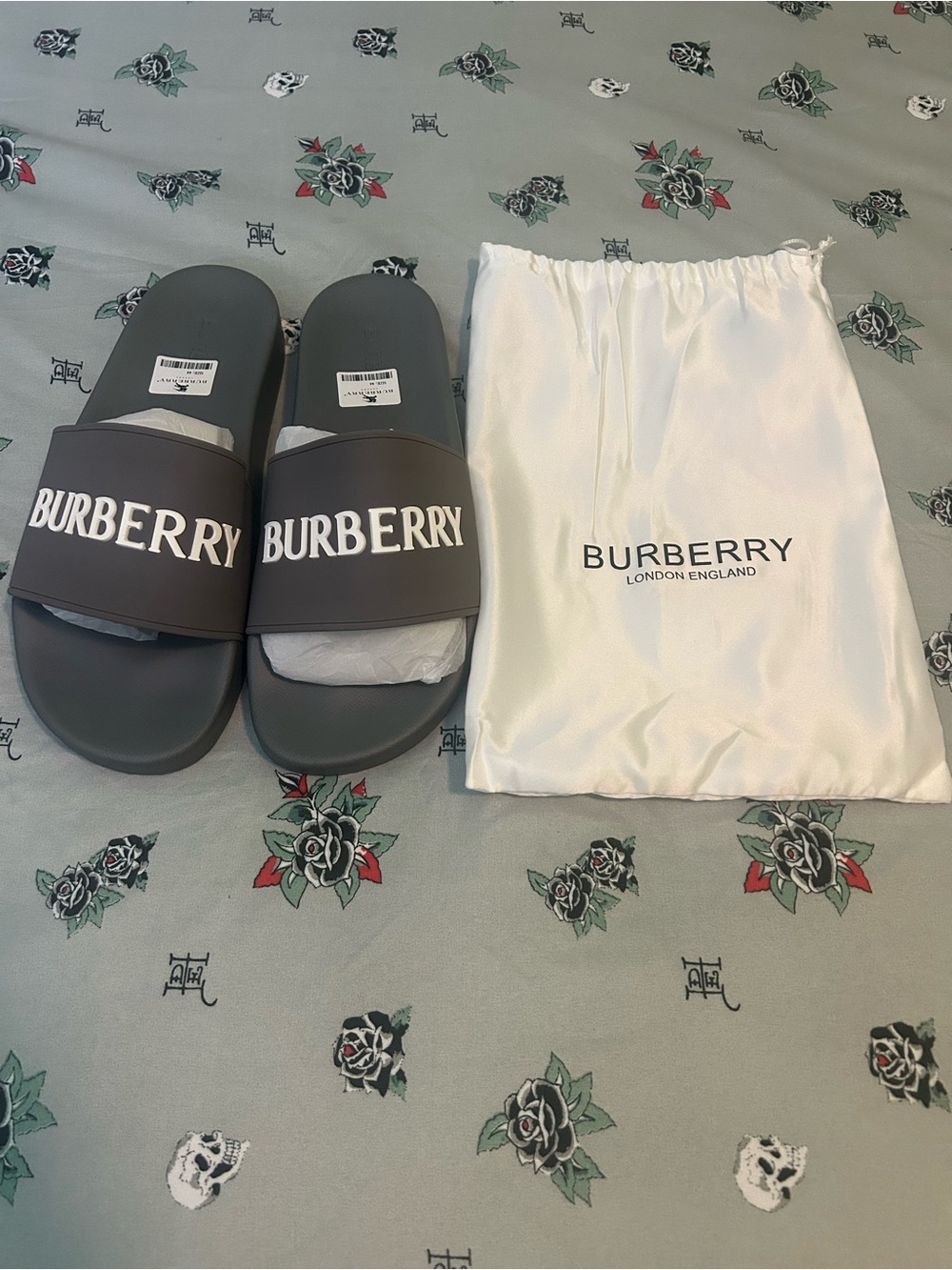 Burberry Gray Logo Slide Sandals with White Branding